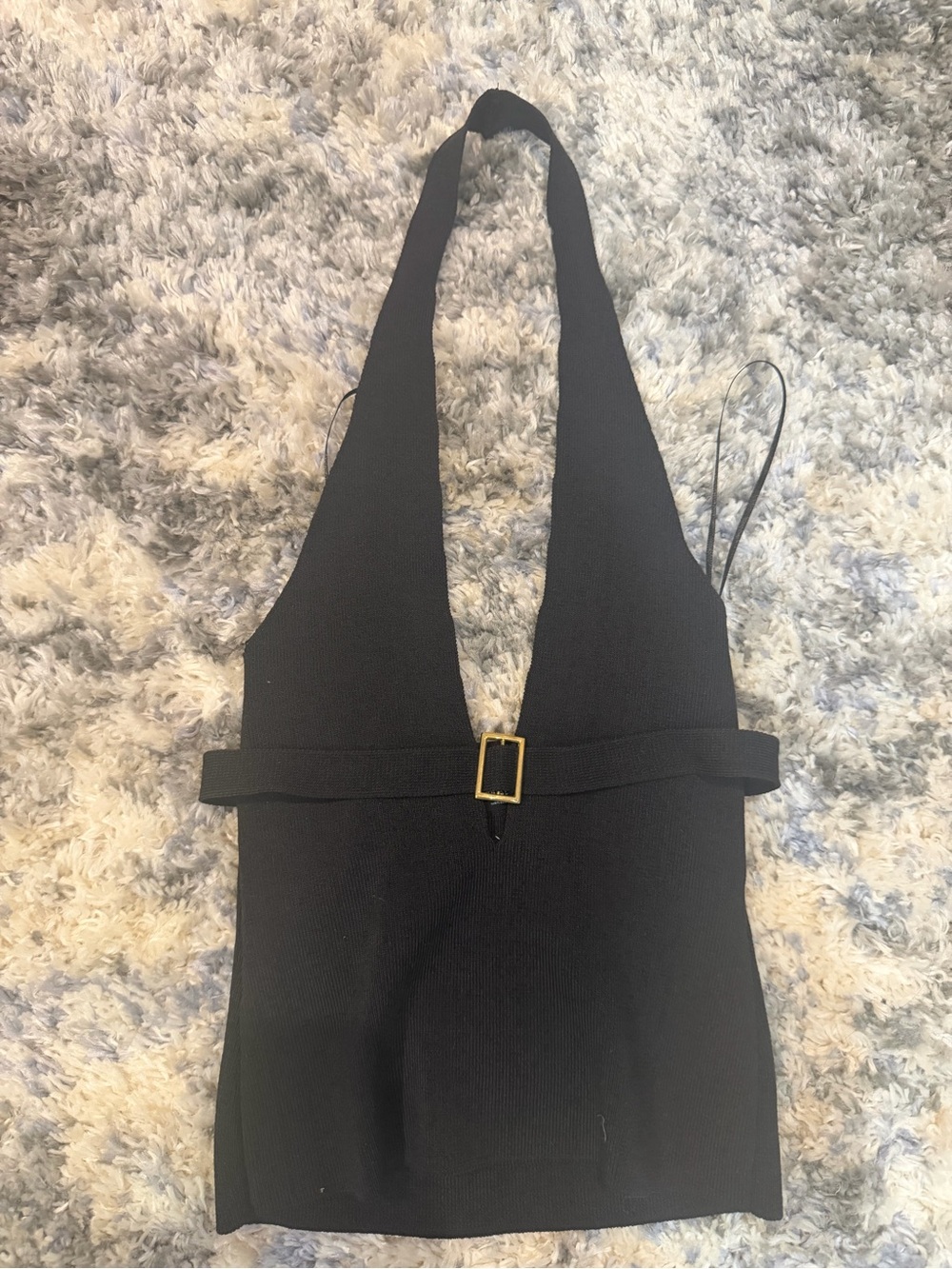 silence + noise Black Halter Deep V Knit Top with Gold Buckle